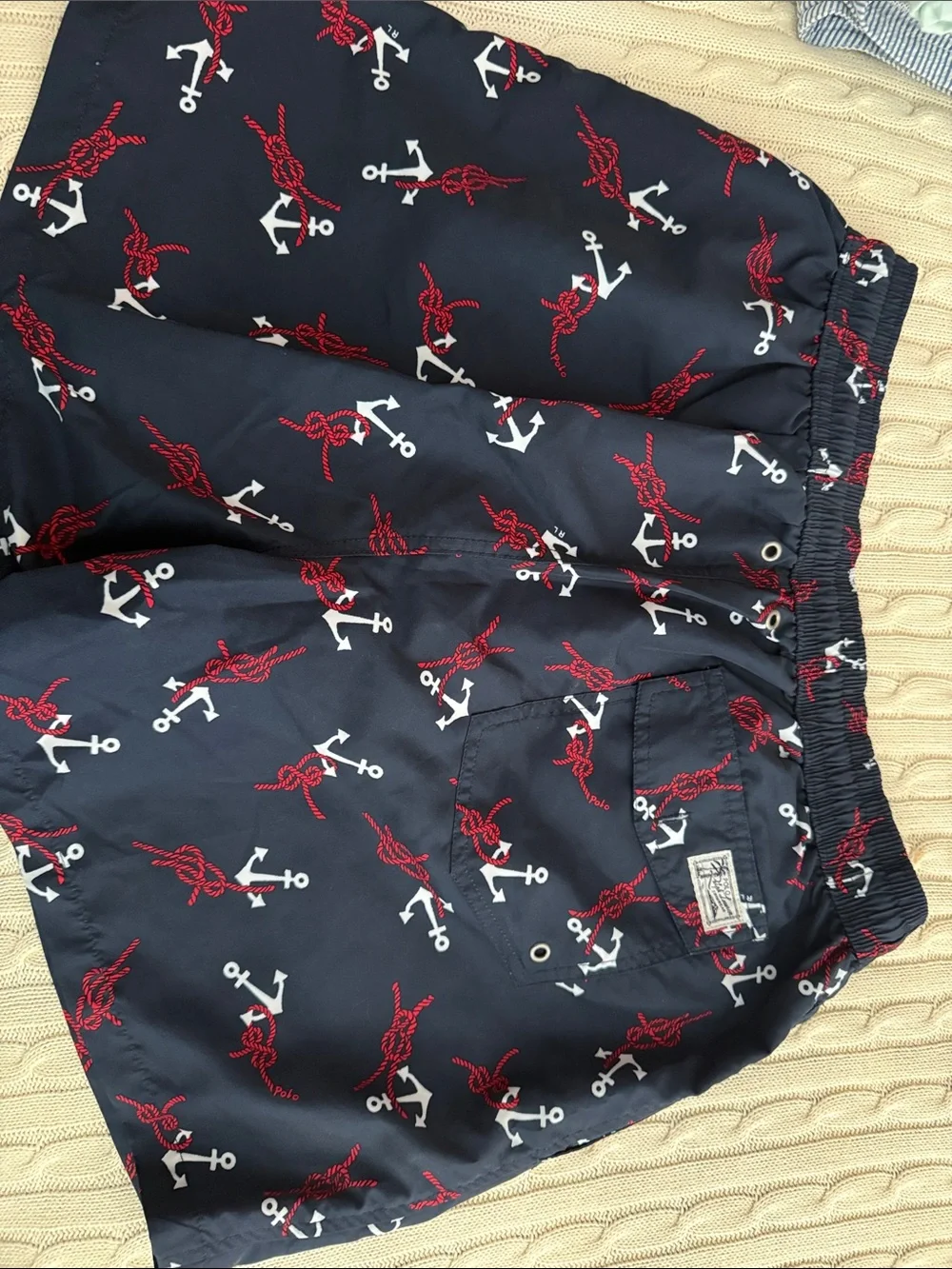 Polo by Ralph Lauren Navy Swim Trunks with Red & White Anchor Print